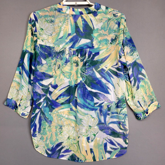 Chicos Button Front Top Blouse Womens Chicos 1 (M-8) Blue Floral Leaf V-Neck - Picture 12 of 13